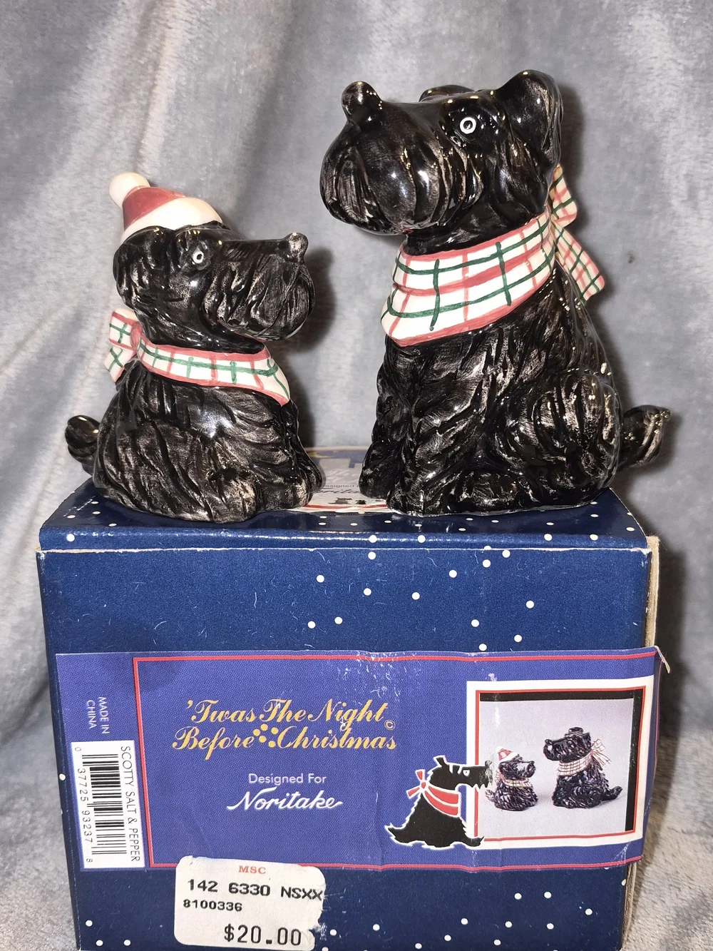 Noritake Black Scottie Dog Salt and Pepper Shakers with Plaid Scarves